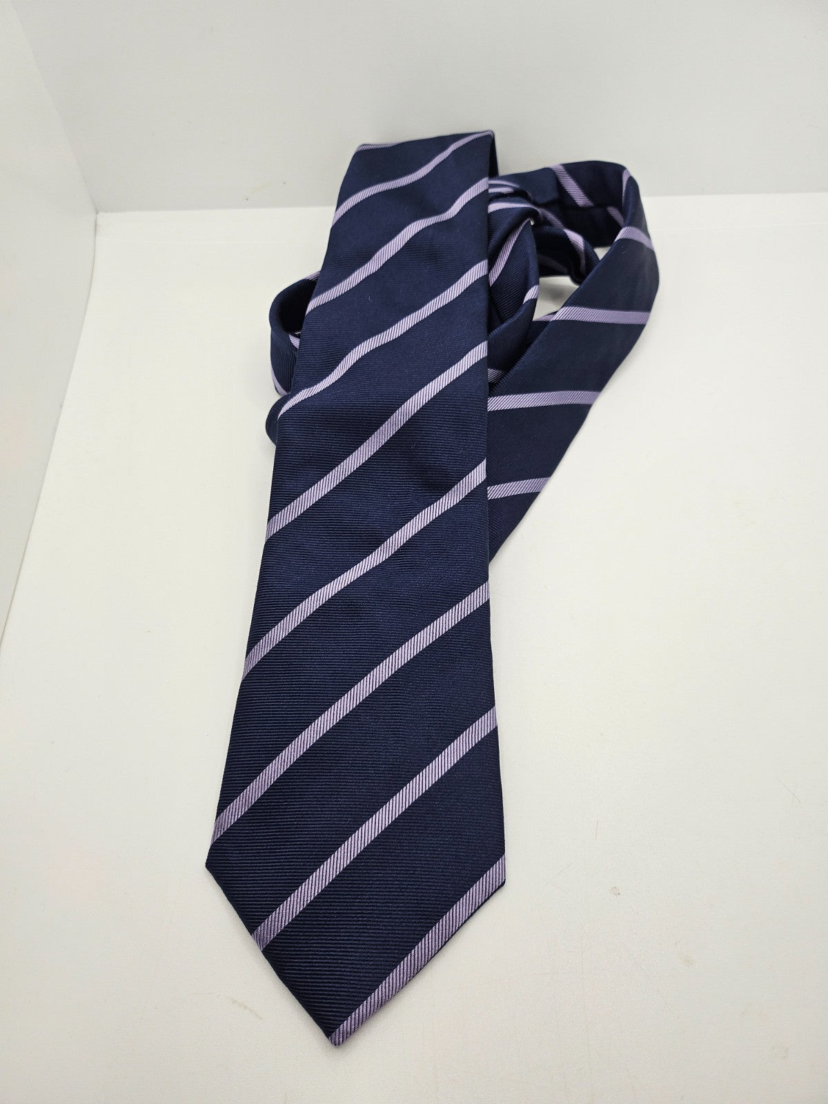 T.M. Lewin Silk Tie Mens Navy Purple Diagonal Pinstripe Vintage Neck Tie BX26