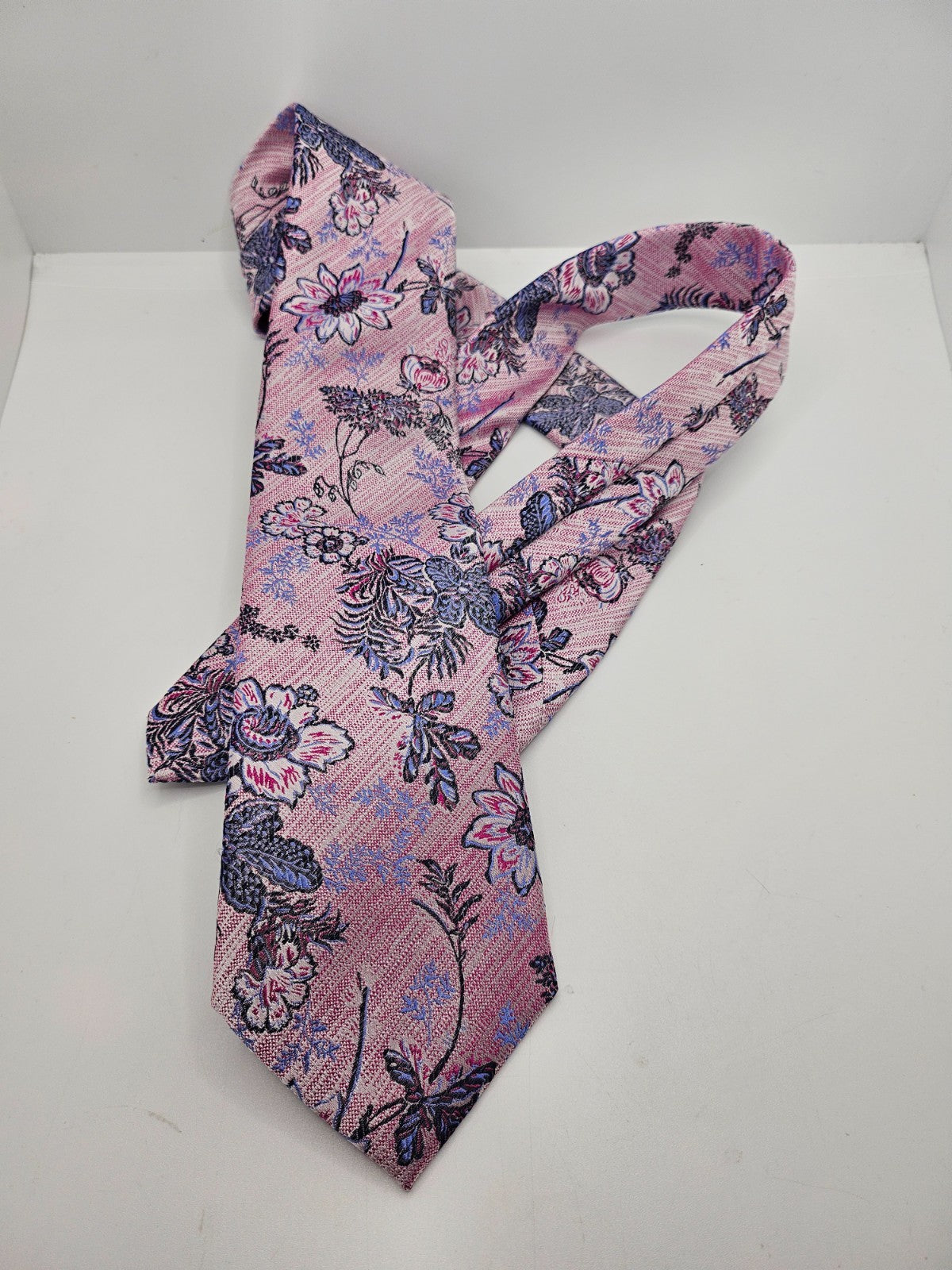 Marks & Spencer Silk Tie Mens Pink Blue Floral Woven Botanical Vtg Neck Tie BX26