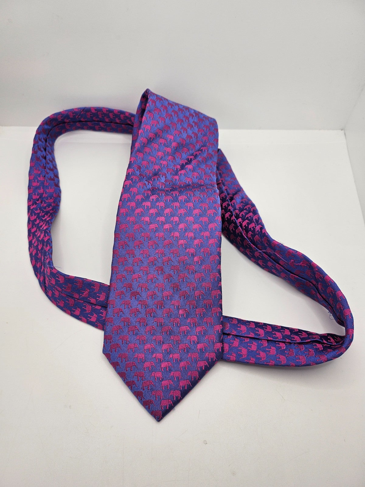 Marks & Spencer Silk Tie Mens Blue Pink Micro Elephant Novelty Vtg Neck Tie BX26