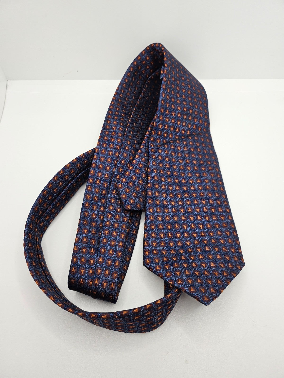 Marks & Spencer Silk Tie Mens Navy Orange Geometric Triangle Retro Neck Tie BX20