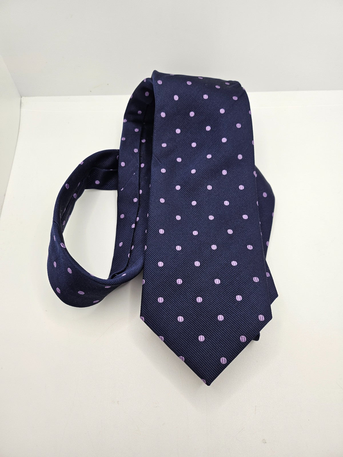 T.M. Lewin Silk Tie Mens Navy Blue Purple Woven Polka Dot Vintage Neck Tie BX20