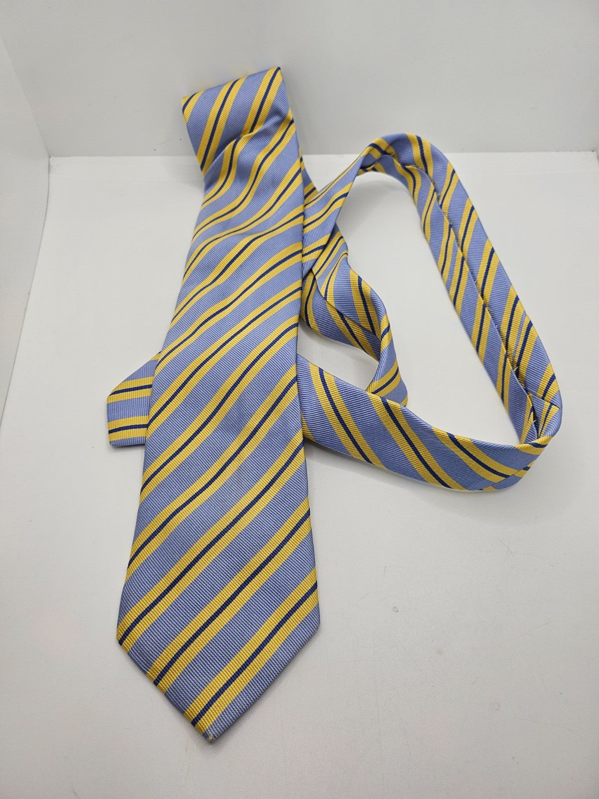 T.M. Lewin Silk Tie Mens Light Blue Yellow Diagonal Repp Stripe Vtg Necktie BX26
