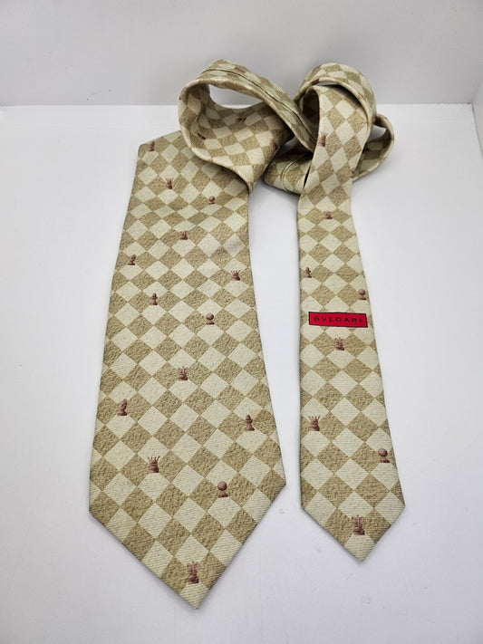 Bvlgari Mens Silk Tie Beige Chess Pattern Designer Vtg Retro Wedding Neck Tie R9