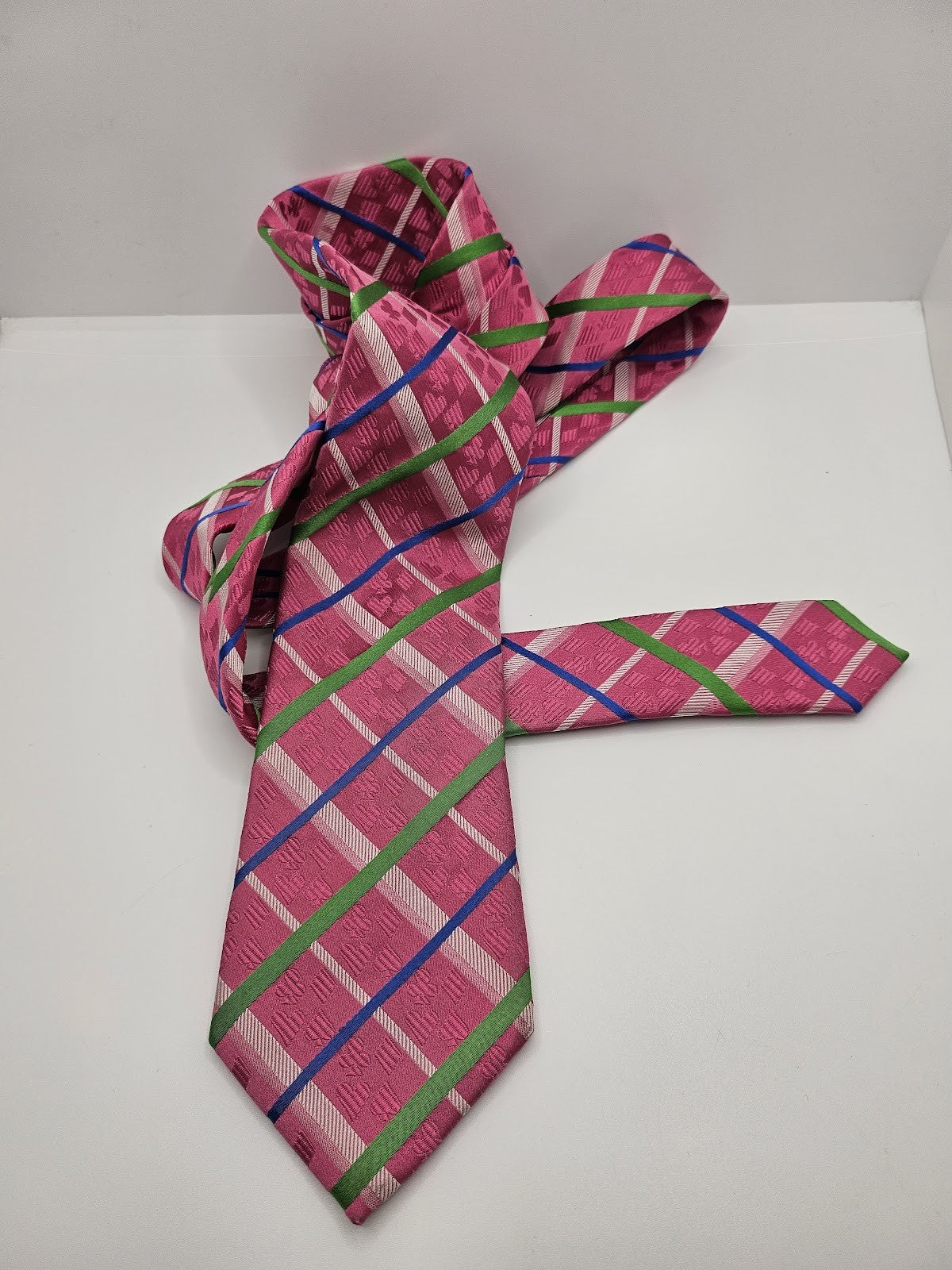 T.M.Lewin Mens Silk Tie Pink Green Blue Checked Vtg Retro Wedding Neck Tie
