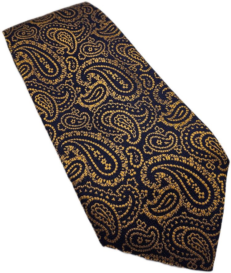Gold and navy paisley silk tie — yellow and gold ties