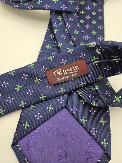 T.M.Lewin Mens Silk Tie Navy Blue Geometric Vtg Retro Wedding Neck Tie