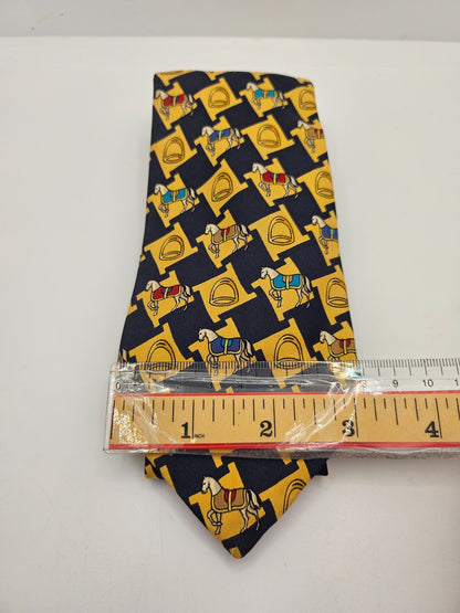 Thomas Pink Silk Tie Mens Black Yellow Equestrian Horse Novelty Vtg Necktie BX26