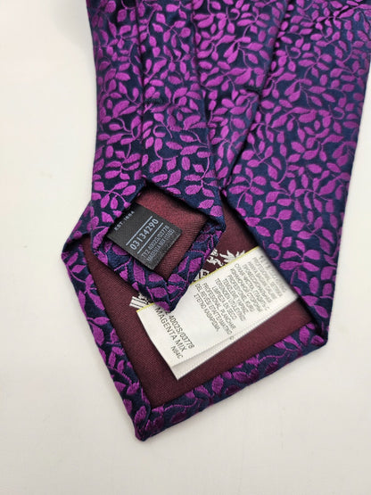 Marks & Spencer Silk Tie Mens Navy Purple Allover Leaf Vine Retro Neck Tie BX2