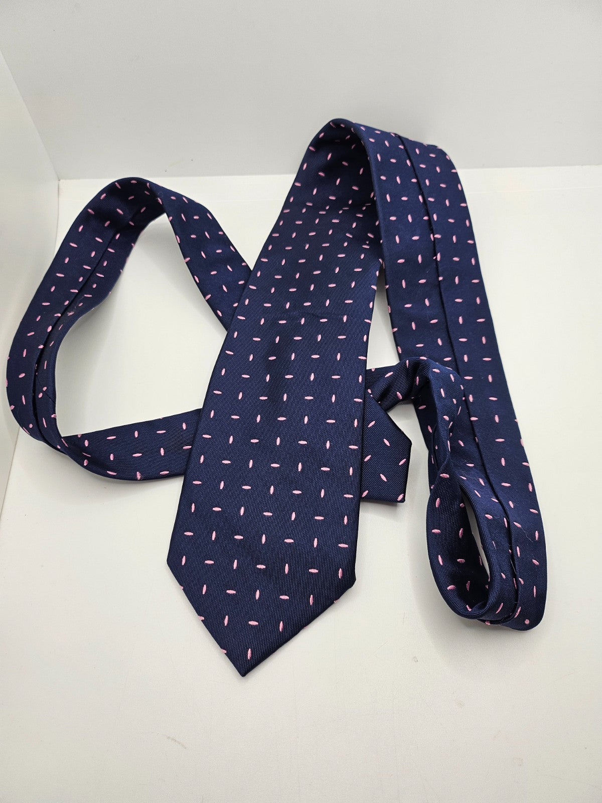 T.M.Lewin Silk Tie Mens Navy Blue Pink Geometric Dash Dot Wedding Neck Tie BX20