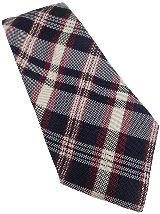 T.M. Lewin Silk Tie Mens Navy Burgundy Plaid Business Wedding Vtg Necktie BX18