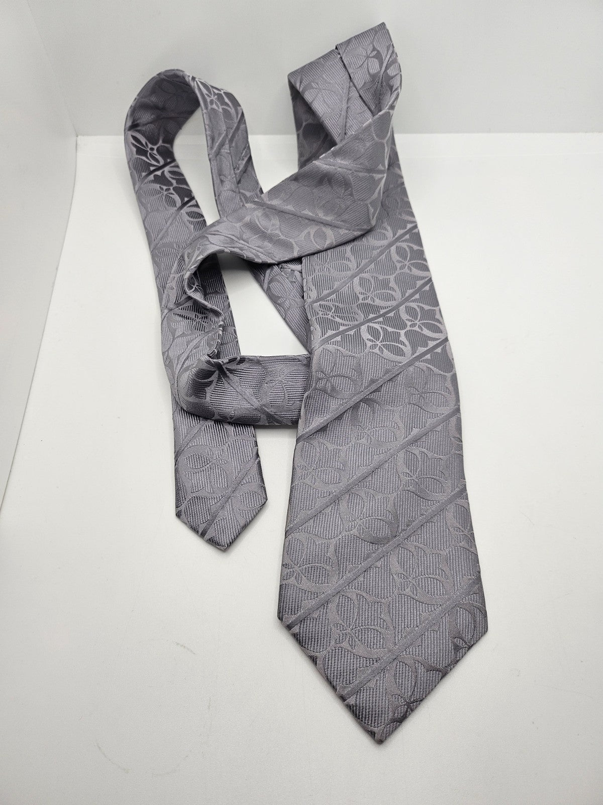 T.M.Lewin Silk Tie Mens Silver Grey Jacquard Floral Damask Wedding Neck Tie BX21