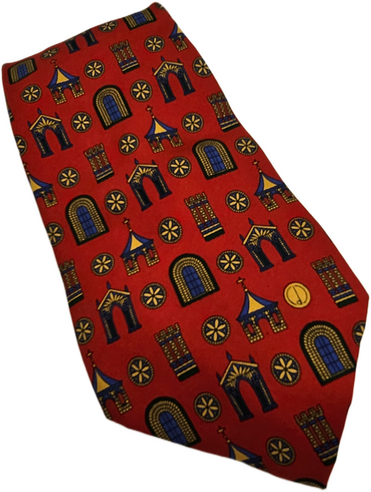 Alfred Dunhill Silk Tie Mens Red Arched Window Novelty Designer Vtg Necktie BX26