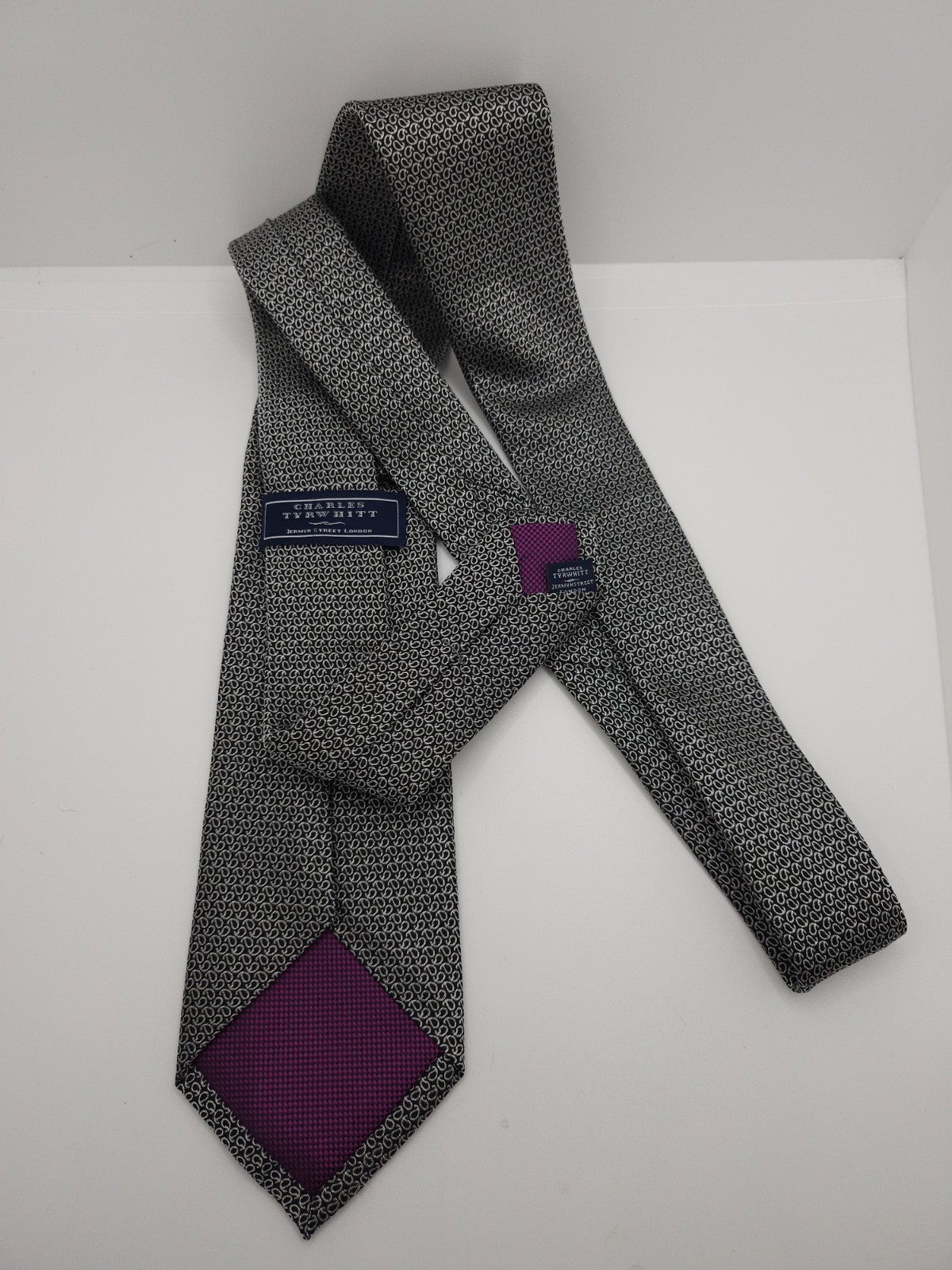 Charles Tyrwhitt Silk Tie Mens Charcoal Grey Geometric Patterned Necktie BX13