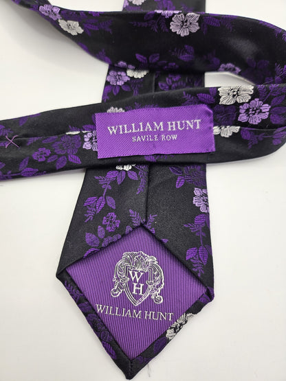 William Hunt Mens Silk Tie Black Purple Floral Vtg Retro Wedding Neck Tie