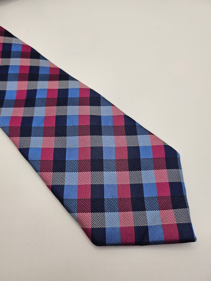 Austin Reed Mens Silk Tie Blue Pink Checked Vtg Retro Wedding Neck Tie