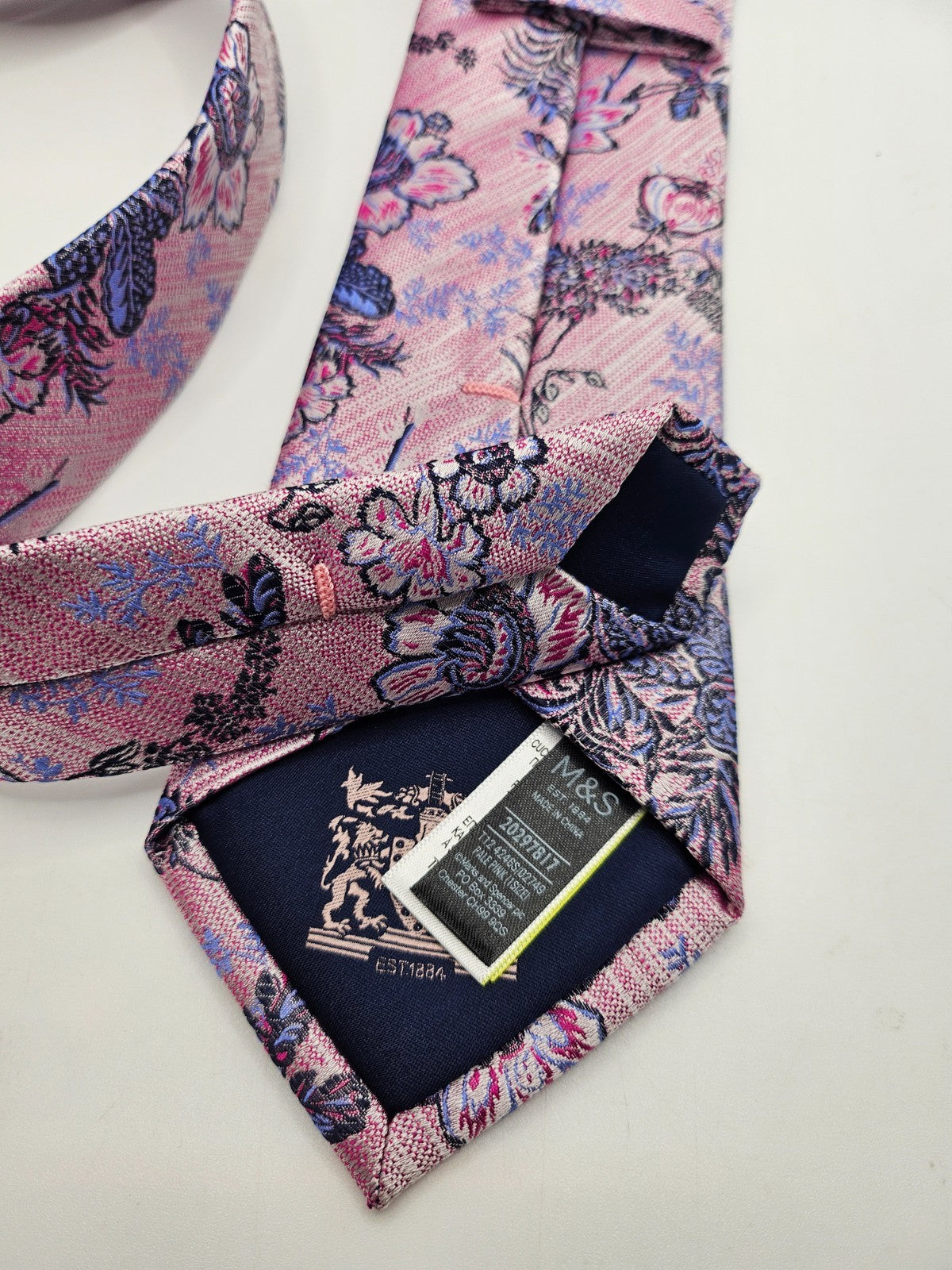 Marks & Spencer Silk Tie Mens Pink Blue Floral Woven Botanical Vtg Neck Tie BX26