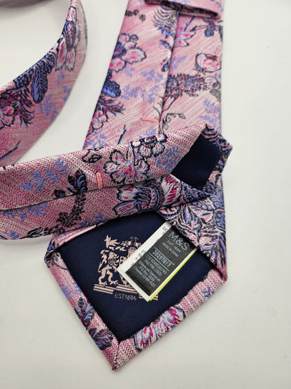 Marks & Spencer Silk Tie Mens Pink Blue Floral Woven Botanical Vtg Neck Tie BX26