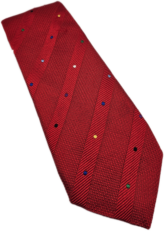 Charles Tyrwhitt Silk Tie Mens Red Textured Stripe Polka Dot Retro Neck Tie BX21