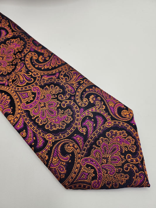 M&S Mens Silk Tie Purple Orange Paisley Vtg Retro Wedding Neck Tie