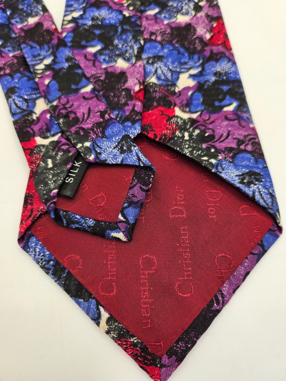Christian Dior Mens Silk Tie Blue Purple Flower Art Vtg Retro Wedding Neck Tie
