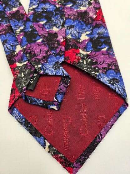 Christian Dior Mens Silk Tie Blue Purple Flower Art Vtg Retro Wedding Neck Tie