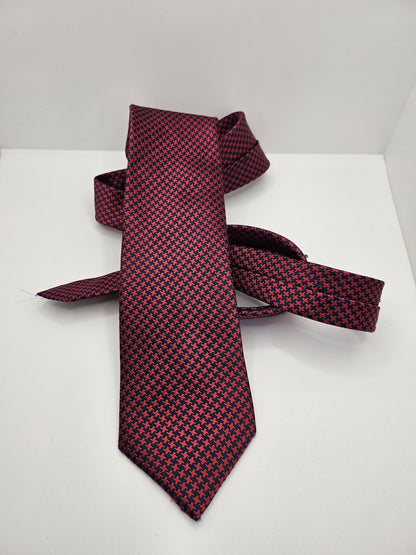 M&S Mens Silk Tie Red Blue Houndstooth Geometric Vtg Retro Wedding Neck Tie