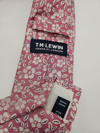 T.M.Lewin Mens Silk Tie Pink Floral Vtg Retro Wedding Neck Tie