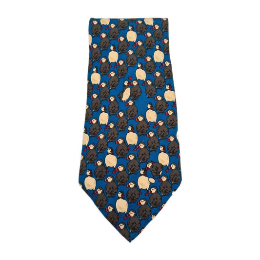 Blue Whiskey Puffin bird Pattern Silk Tie | Designer Mens Tie UK Vintage Mens Tie UK BX14