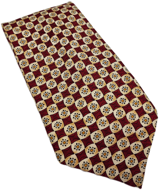Marks & Spencer Silk Tie Men Red Yellow Geometric Wedding Retro Vtg Necktie BX23