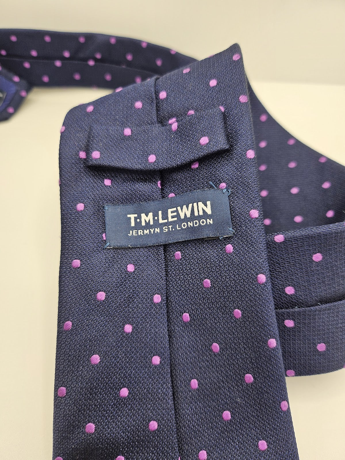 T.M.Lewin Mens Silk Tie Navy Blue Dotted Vtg Retro Wedding Neck Tie