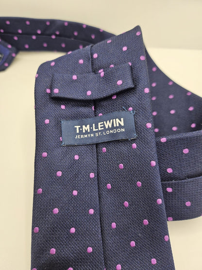 T.M.Lewin Mens Silk Tie Navy Blue Dotted Vtg Retro Wedding Neck Tie