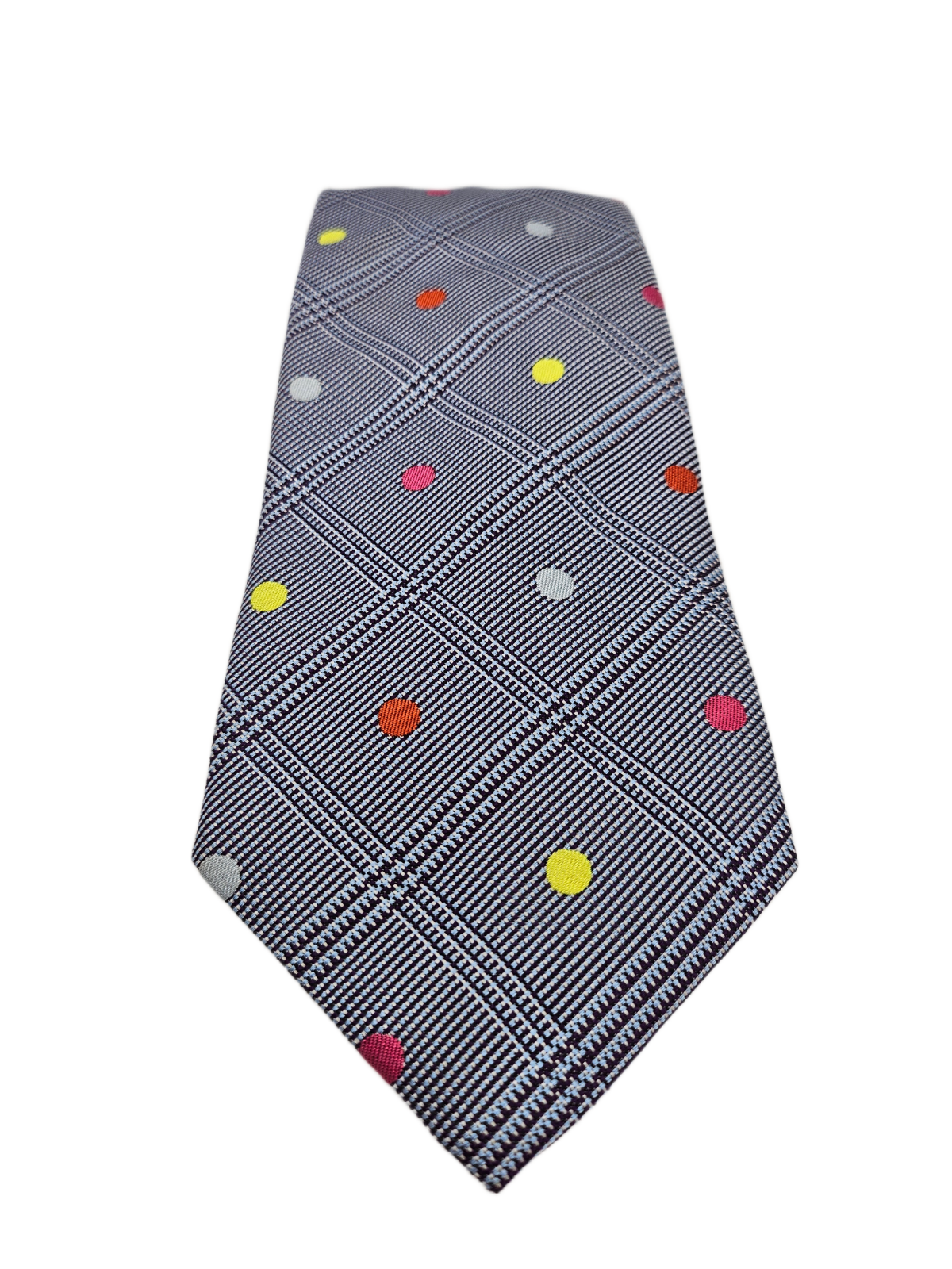Thomas Pink Grey Glen Plaid Polka Dots Silk Tie