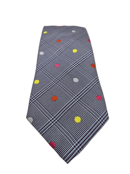 Thomas Pink Grey Glen Plaid Polka Dots Silk Tie