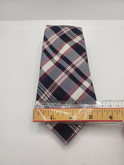 T.M. Lewin Silk Tie Mens Navy Burgundy Plaid Business Wedding Vtg Necktie BX18