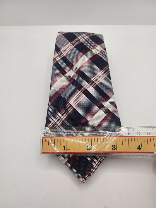T.M. Lewin Silk Tie Mens Navy Burgundy Plaid Business Wedding Vtg Necktie BX18