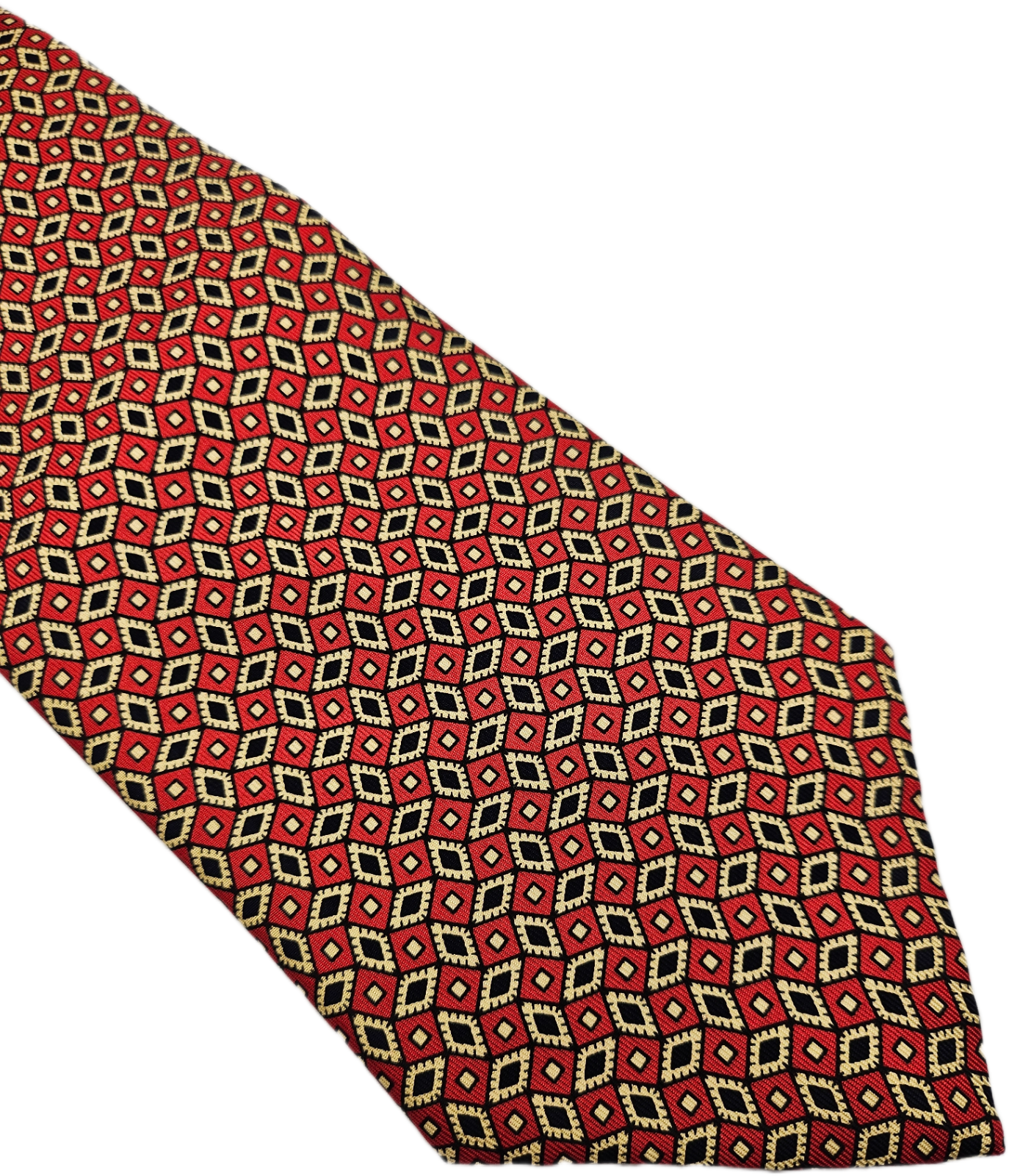 Cavenagh Silk Tie Mens Red Gold Woven Geometric Diamond Mosaic Vtg Neck Tie BX21
