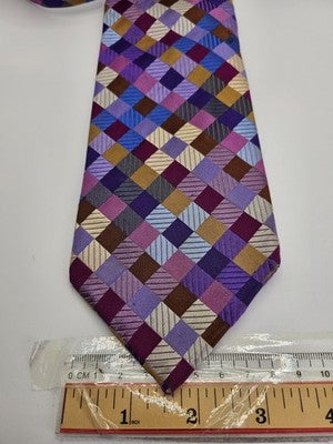 Duchamp Silk Tie Mens Purple Blue Gold Geometric Check Vtg Wedding Clearance Vintage Retro