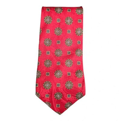 Jaeger Red Silk Tie with Medallion Motif Mens Vintage Retro Wedding Formal Designer Classic