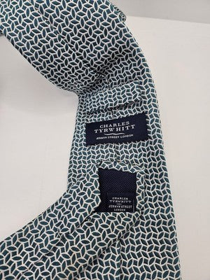 Charles Tyrwhitt Silk Tie Mens Green White Geometric Retro Wedding Neck Tie Vintage Formal