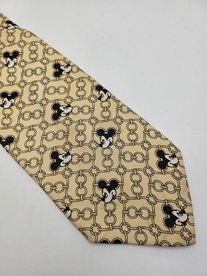 Disney Tie Rack Silk Tie Mens Beige Gold Mickey Mouse Novelty Vtg Clearance Vintage Retro