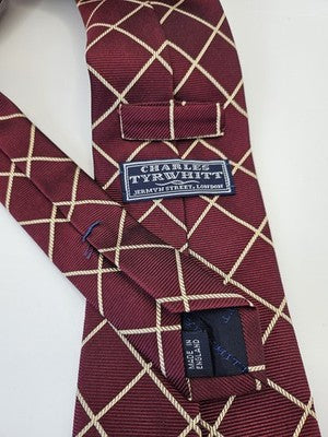 Charles Tyrwhitt Silk Tie Mens Burgundy Red Check Diamond Wedding Neck Tie Vintage Retro Formal
