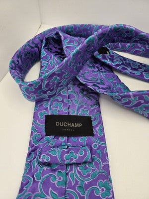 Duchamp London Silk Tie Mens Purple Teal Floral Scroll Vtg Wedding Neck Tie Vintage Retro