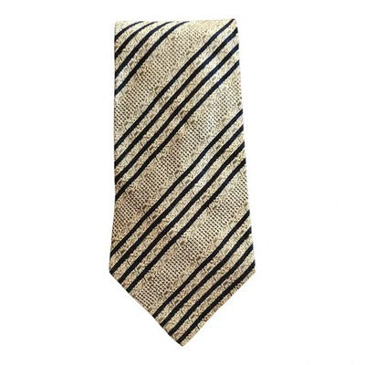 Pisa's Tower Beige and Navy Striped Silk Tie Mens Vintage Retro Wedding Formal Designer Classic