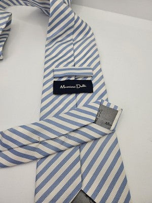 Massimo Dutti Silk Tie Mens Blue White Striped Textured Wedding Neck Tie Vintage Retro Formal