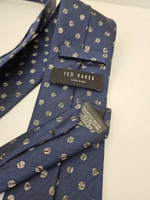 Ted Baker Silk Tie Mens Blue Silver Polka Dot Spotted Wedding Neck Tie Vintage Retro Formal