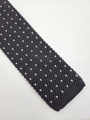 Skinny Knitted Grey Tie Men Polka Dot Woven Square End Necktie Mod Mens Vintage Retro Wedding