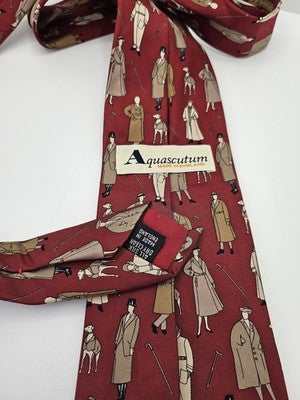 Aquascutum Silk Tie Mens Red Trench Coat Figures Novelty Vtg Wedding Neck Tie Vintage Retro