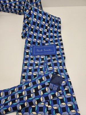 Paul Smith Silk Tie Mens Blue Aqua Geometric Cubes Retro Wedding Neck Clearance Vintage Formal