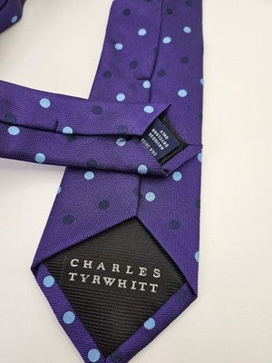 Charles Tyrwhitt Silk Tie Mens Purple Blue Polka Dot Spotted Wedding Neck Tie Vintage Retro