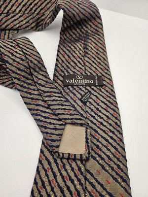 Valentino Silk Tie Mens Beige Navy Red Striped Textured Vtg Wedding Neck Tie Vintage Retro
